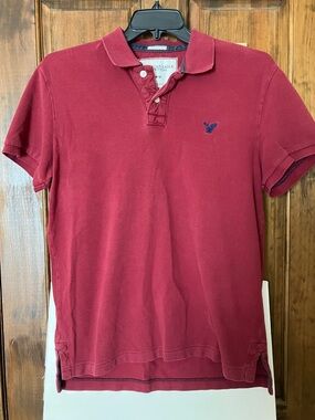 American Eagle Outfitters Men's Wine Polo Shirt with Navy Logo